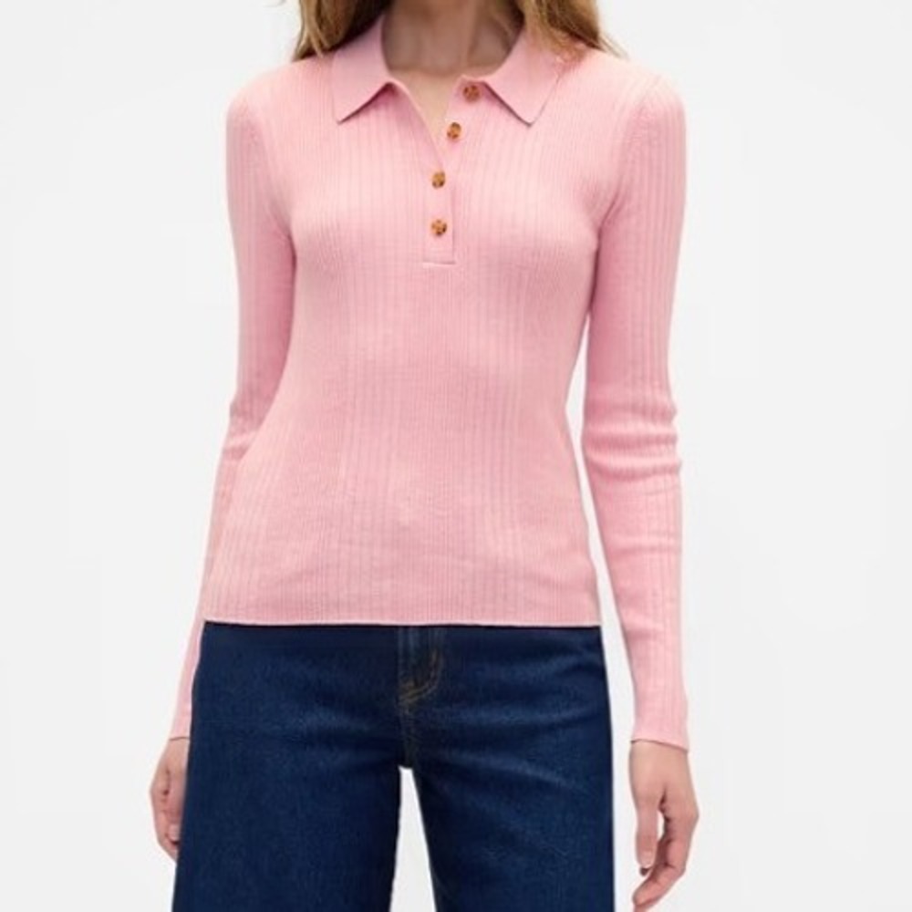 Gap Womens Size Small Ribbed Polo T-Shirt Henley Pink Heather Long Sleeve Ribbed